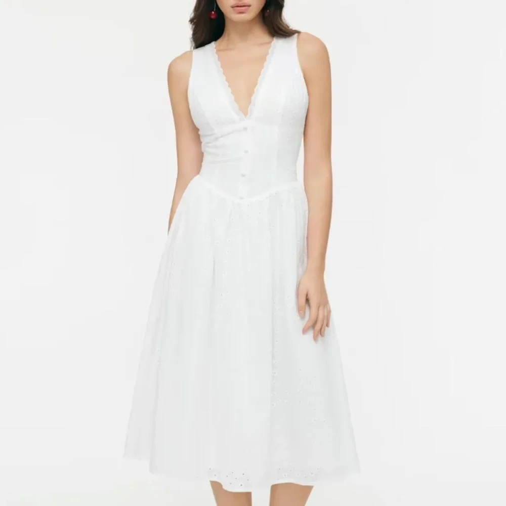 Cider Cotton V Neck Broderie Anglaise Floral Lace trim Midi dress XXS - Picture 2 of 4